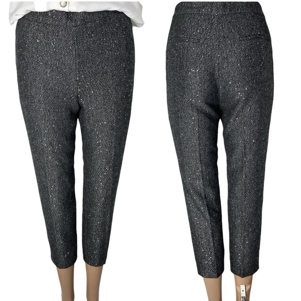 New JCrew Martie Slim Crop Grey Petite Sequin Herring Bone Wool Tweed Trousers
